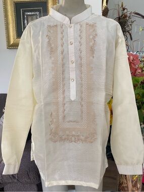 Embroidered Golden Accent Cream 3XL Barong Tagalog  Filipino Formal Attire Shirt